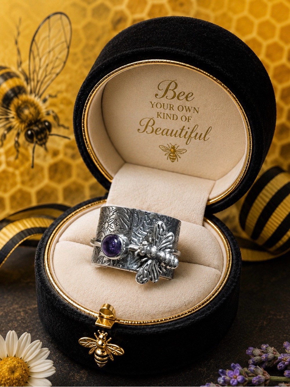 Spinner Ring Honey Bee 925 Sterling Silver Amethyst Accent Gemstone